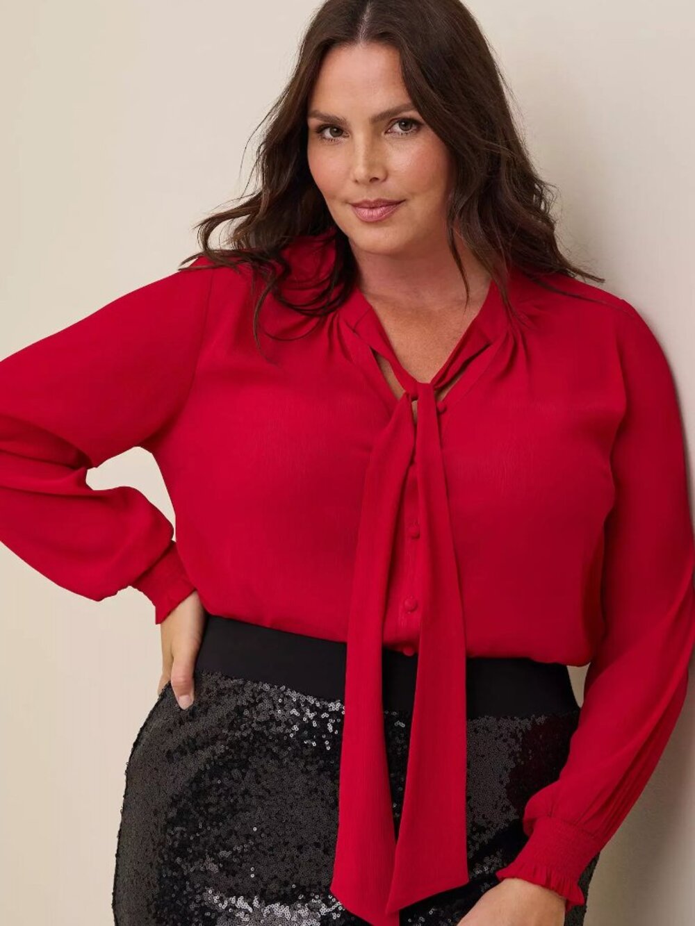 NEW NWT TORRID 2 Plus Size Chiffon Bow Front Button Up Blouse Red Long Sleeve 2X